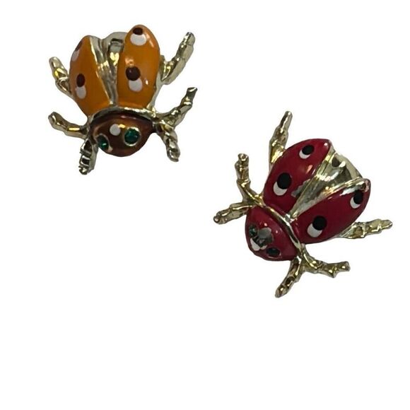 Set of Two little enamel and gold tone metal ladybug pins - Picture 2 of 12